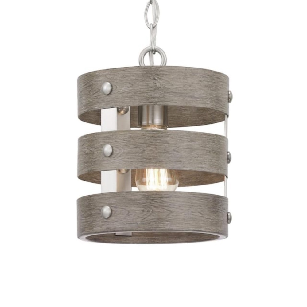 Progress Lighting Gulliver1-LightBrushedNickelMini-Pendant withWeatheredGrayWood
